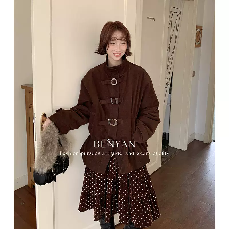 BENYAN本言 冬季美拉德复古咖色立领宽松长袖保暖风衣外套女82635