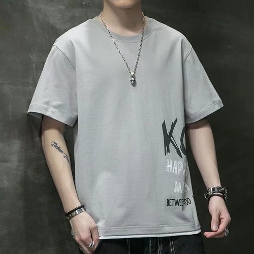 Trendy short-sleeved T-shirt men's summer new trendy loose half-sleeved T-shirt round neck versatile fake two-piece top