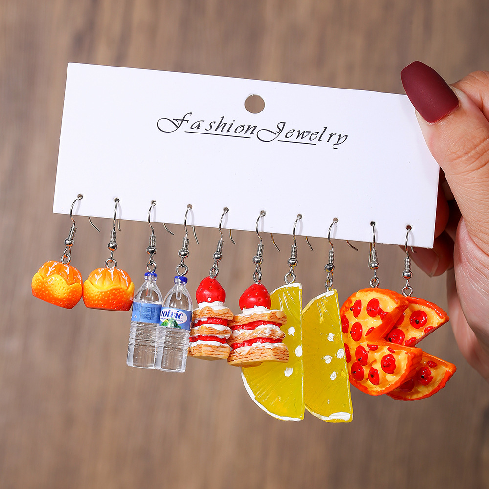 Combinación de pendientes de acrílico de resina de venta caliente de Amazon transfronterizo verano diversión fruta animal pequeño 5 pares de pendientes