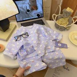 儿童春夏长袖长裤套装空调服家居服男女童圆领套装棉其他品牌卡通