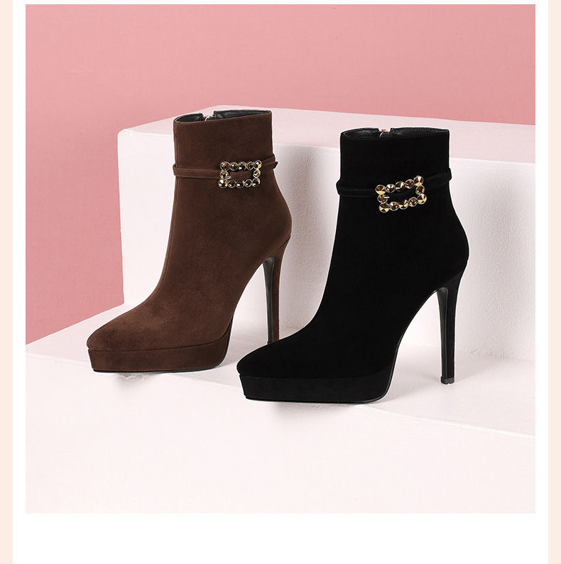 Boot nữ cổ cao da cừu thật, gót siêu cao 12 cm, mũi nhọn phong cách Âu Mỹ — Lớp lót nhung màu nâu 12cm chi tiết 6