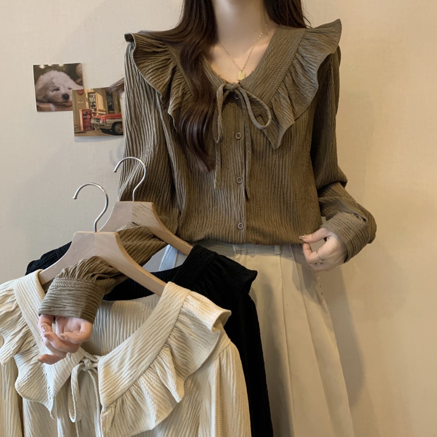 大码女装美拉德法式荷叶边上衣女秋新款韩版洋气长袖显瘦遮肉衬衫