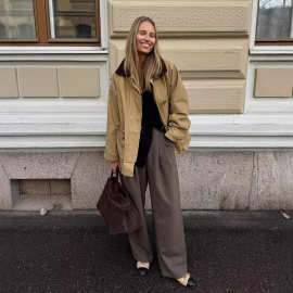 跨境欧美2025秋冬款拼色大版廓形飞机扣夹克棉服女中长款棉衣外套