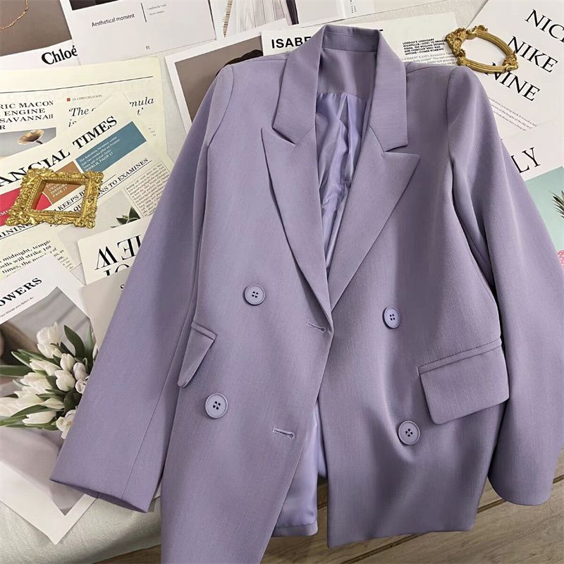 Purple Suit Jacket for Women, New Korean Style Loose Casual Fashion Top for Spring and Autumn, Elegant and Flattering Double-Breasted Blazer