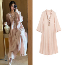 [现货]重工钉珠亮片V领轻奢名媛度假风大码微胖长款气质连衣裙女