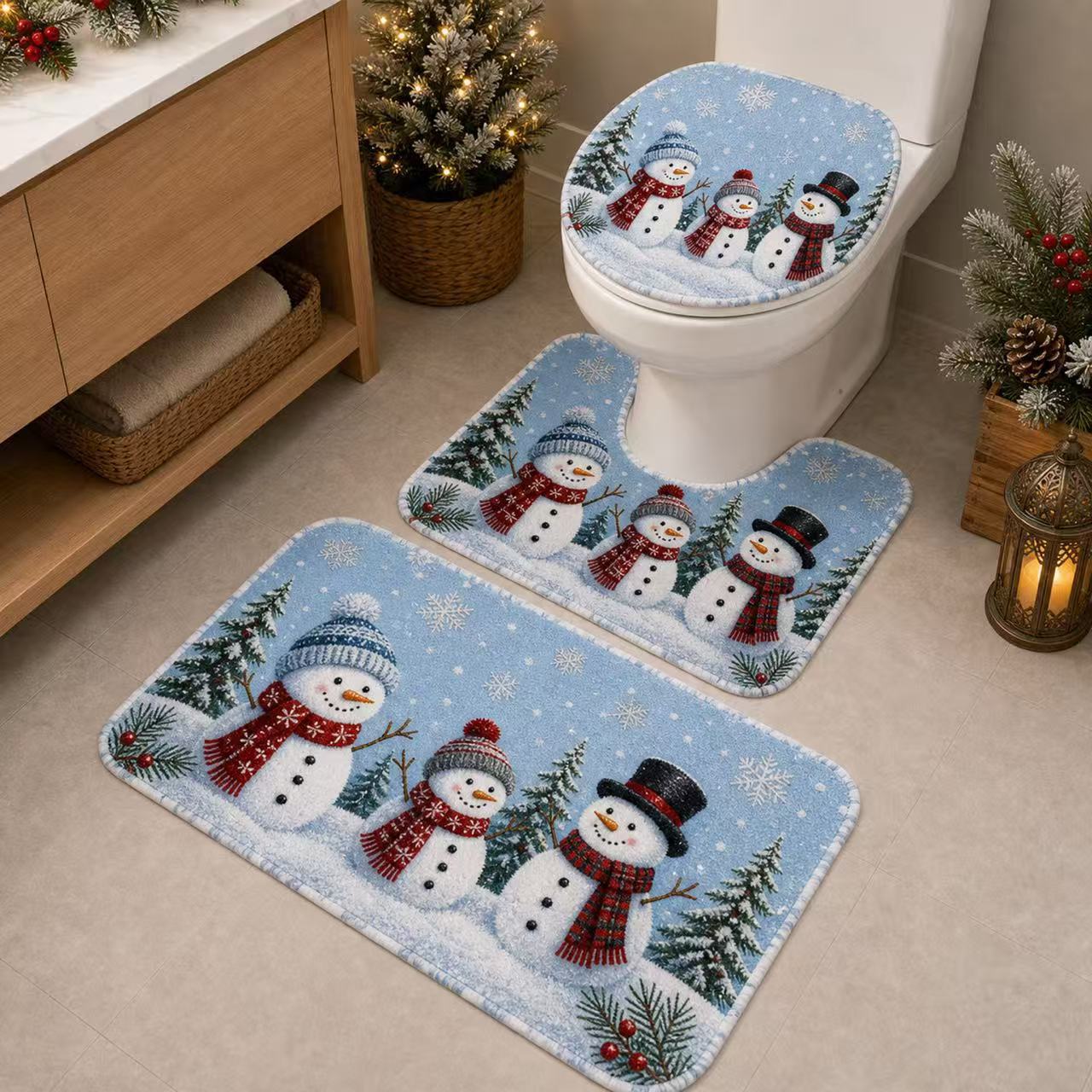 Cross-border TEMU Christmas new diatomite floor mat set of three for bathroom, toilet, water-absorbent and non-slip toilet mat