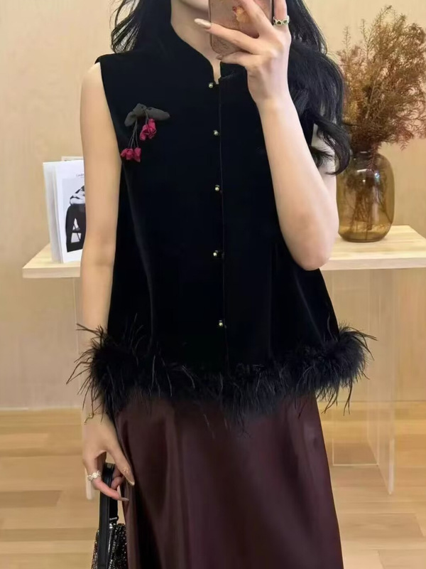 批发中式复古丝绒拼接款下摆毛毛马甲背心上衣气质时尚百搭坎肩|undefined