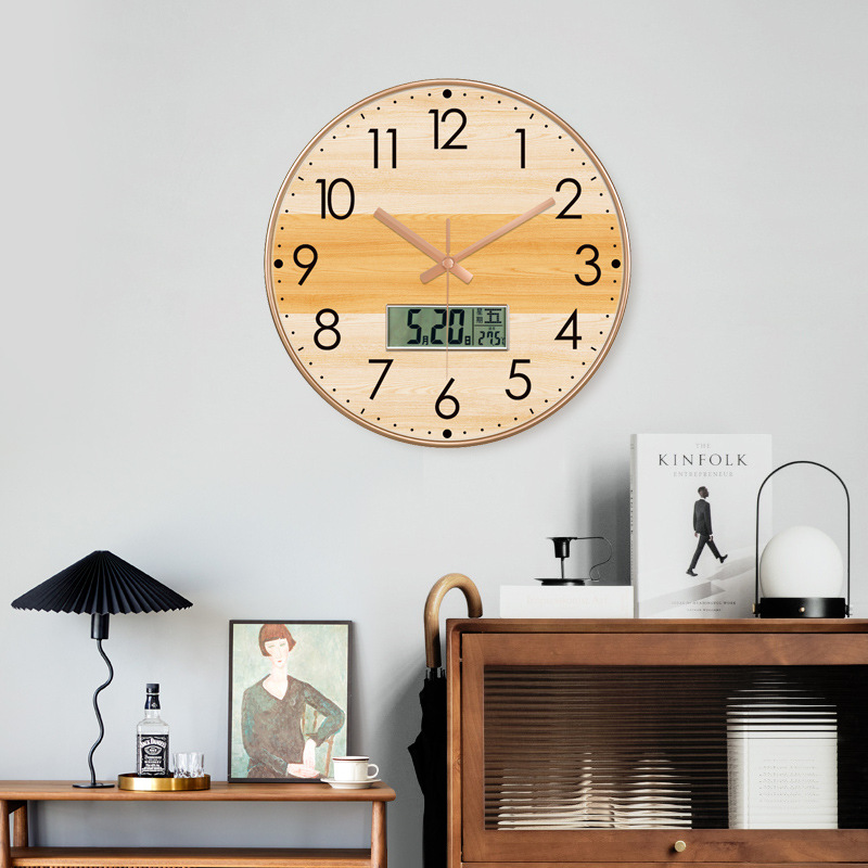 Reloj de pared creativo estilo nórdico - Con display de temperatura y calendario - Silencioso - Para sala de estar y dormitorio - Diseño atmosférico