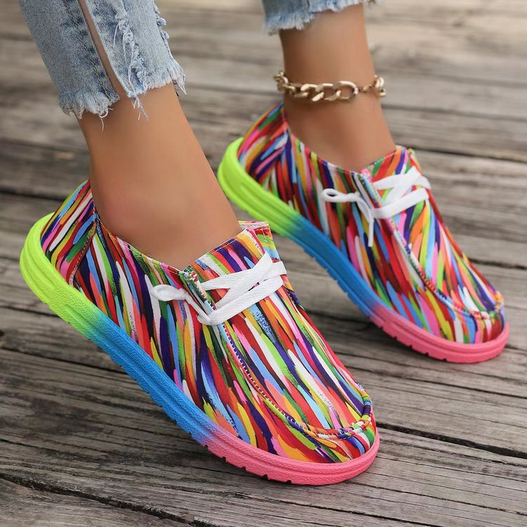 Cross-Border Foreign Trade Large Size New Lace-Up Color Low-Top Shoes for Women Graffiti Lazy Canvas Flat Shoes