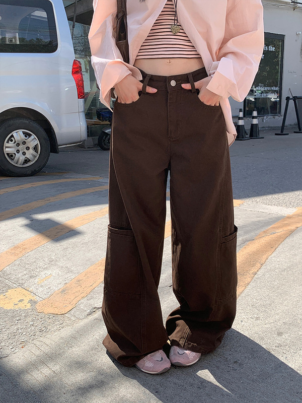 宋正恩咖色阔腿牛仔工装裤女2025秋季新款高腰直筒百搭拖地长裤子|undefined