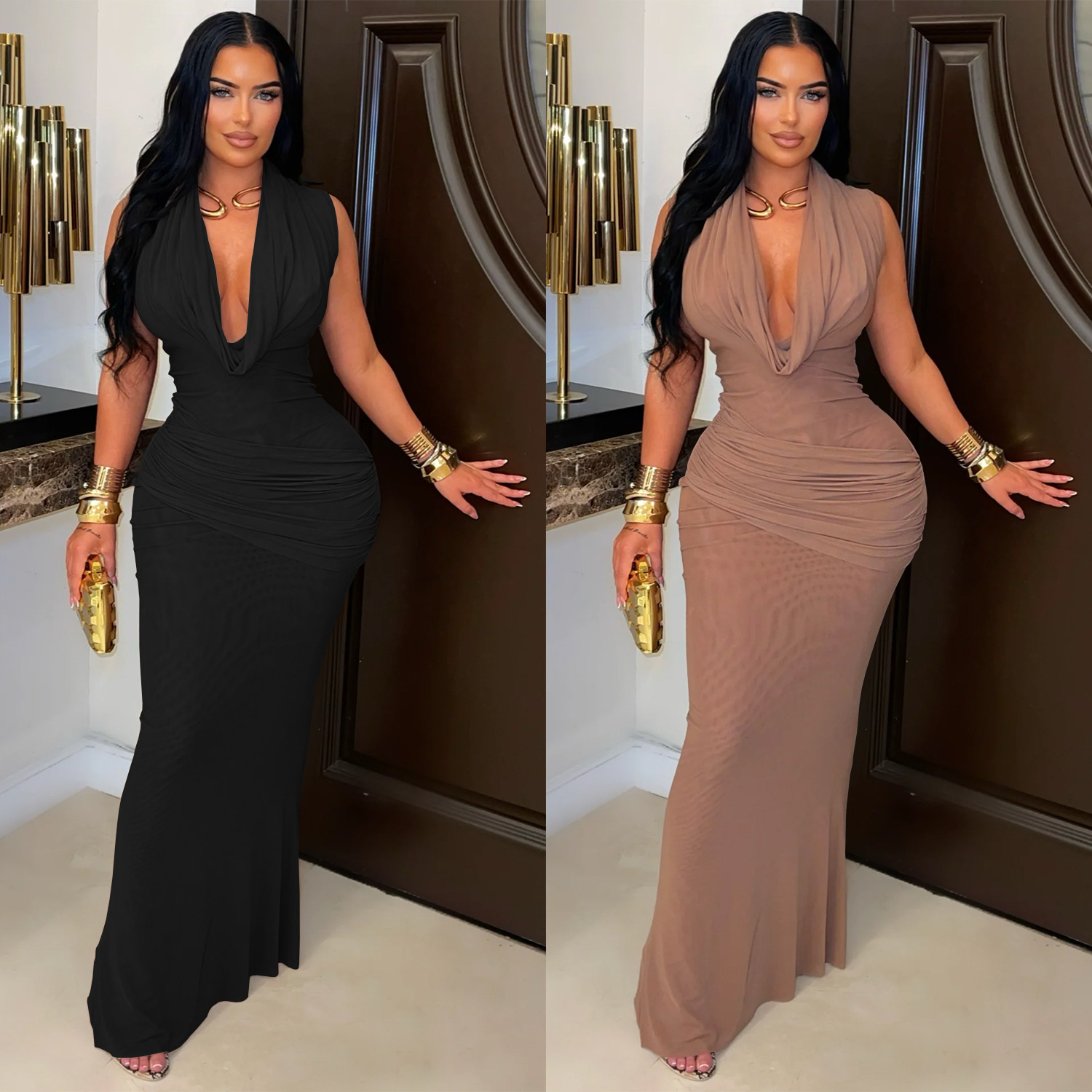 C7555 Aliexpress transfronterizo amazon moda europea y americana temperamento de mujer sin mangas plegado vestido de pecho bajo de cuello en v