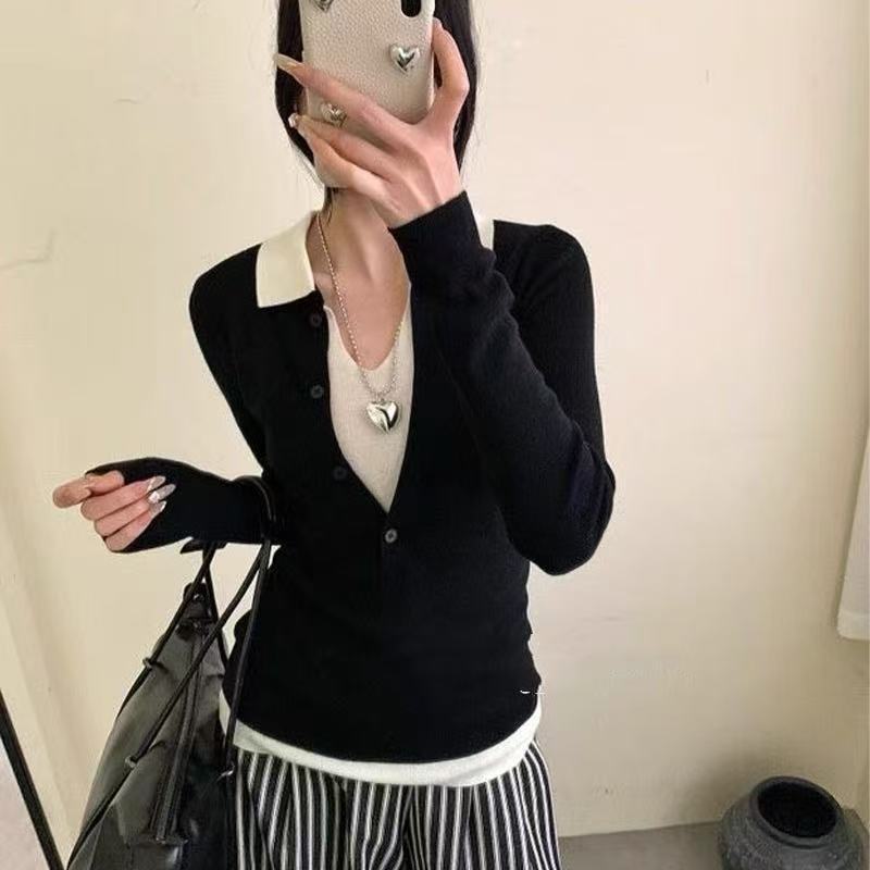 甜酷风POLO领撞色假两件长袖针织衫女秋季设计感修身显瘦气质上衣|undefined