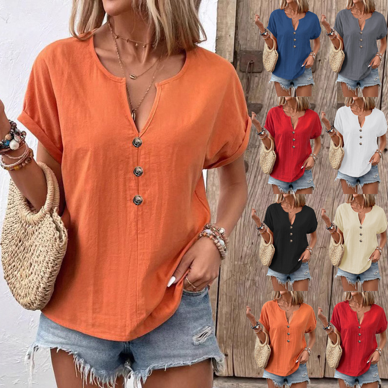 2025 Summer New European and American Independent Station Aliexpress Amazon Women's Button V-Neck Short-Sleeved T-Shirt Tops for Women