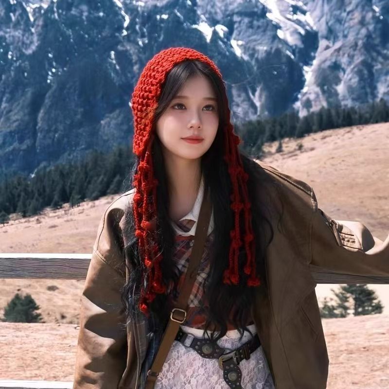 川西氛围感穿搭旅游帽子高级感出片毛线帽女红色新疆草原针织冷帽|undefined