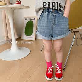 艾摩贝贝2022夏季新款女童牛仔短裤韩版儿童设计感卷边热裤外穿潮