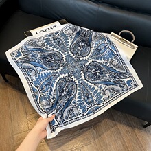 蓝色复古腰果花丝巾女春秋百搭仿真丝绑腰系脖装饰领巾70cm小方巾