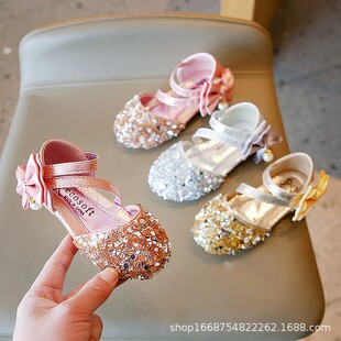 Girls Sandals 2025 Spring and Summer New Baotou Sequined Flat Leather Shoes Korean Style Children's Princess Shoes Dance Shoes