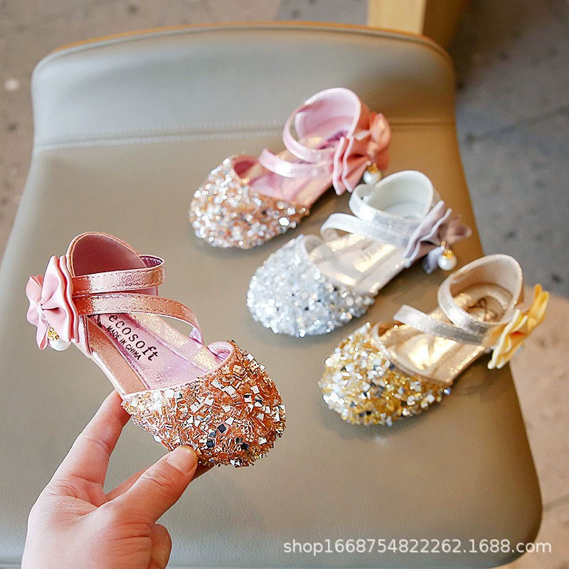 Сандалии для девочек, весна-лето 2023, новые кожаные туфли Baotou на плоской подошве с блестками, детская обувь принцессы в корейском стиле, танцевальная обувь