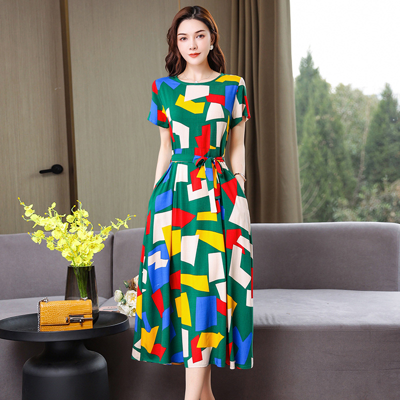 Cotton and Linen dress Women's Mid-length Summer 2025 New Short-sleeved Young Mother's Cotton Silk Elegant Long Skirt