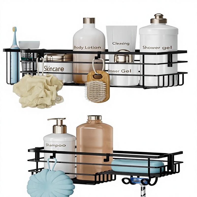 No-Drill Hanging Shower Shelf with Hooks and Toothbrush Holder, Rust-Proof 360 ° Rotating Quick-Drying Stainless Steel