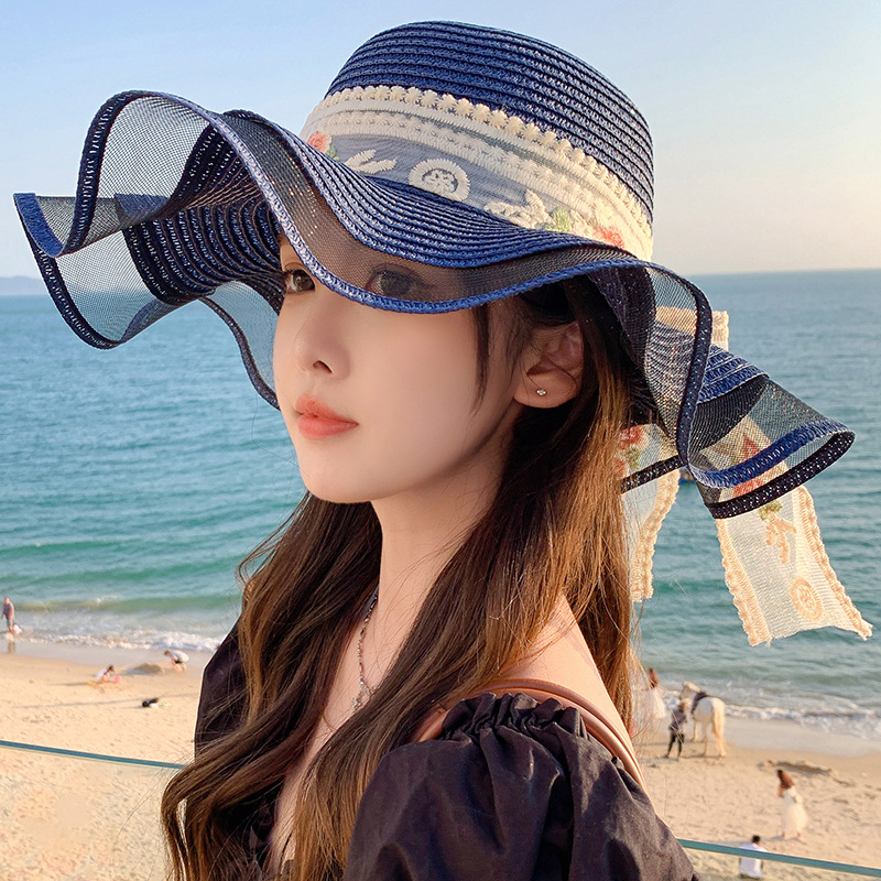 Sombrero de paja con lazo – estilo veraniego, ala ancha, para playa o vacaciones al aire libre