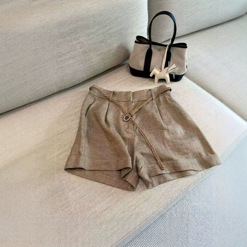 Khaki Linen High-Waisted Straight Shorts for Women, Summer 2026 New French Old Money Style, Slimming and Versatile Casual Pants
