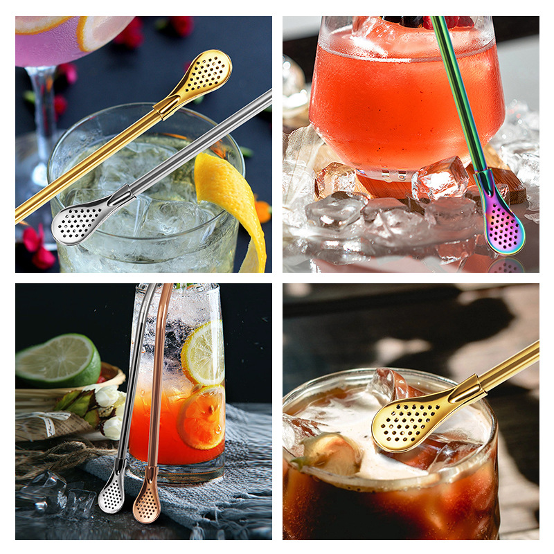 304 cuchara de paja de filtro de acero inoxidable cuchara de té perfumada vajilla cuchara de agitación de paja de bebida chapada en titanio
