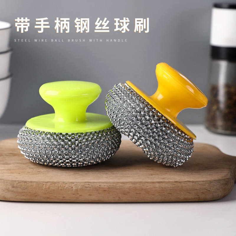 Non-Damaging Pot Cleaning Ball Steel Wire Ball with Handle Pot Brush Household Short Handle Brush with Handle Plastic Steel Dishwashing Artifact New Style