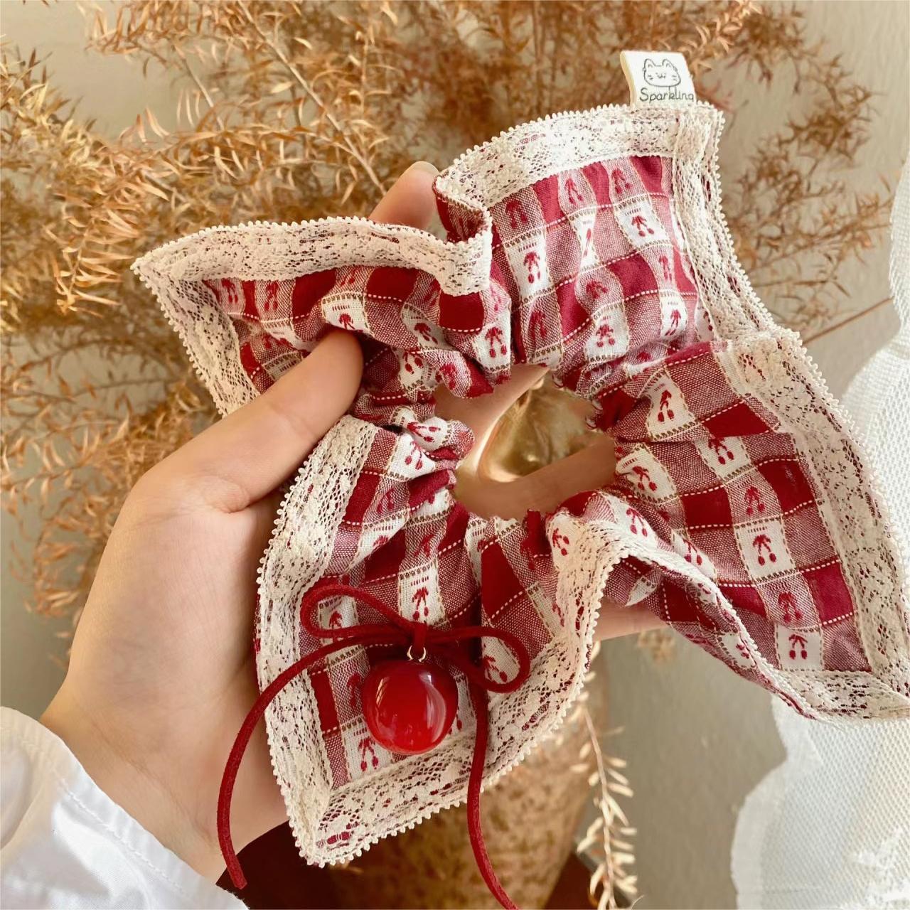 red plaid cherry large intestine hair band spring new cherry bow square hair ring hair accessories hair rope headdress