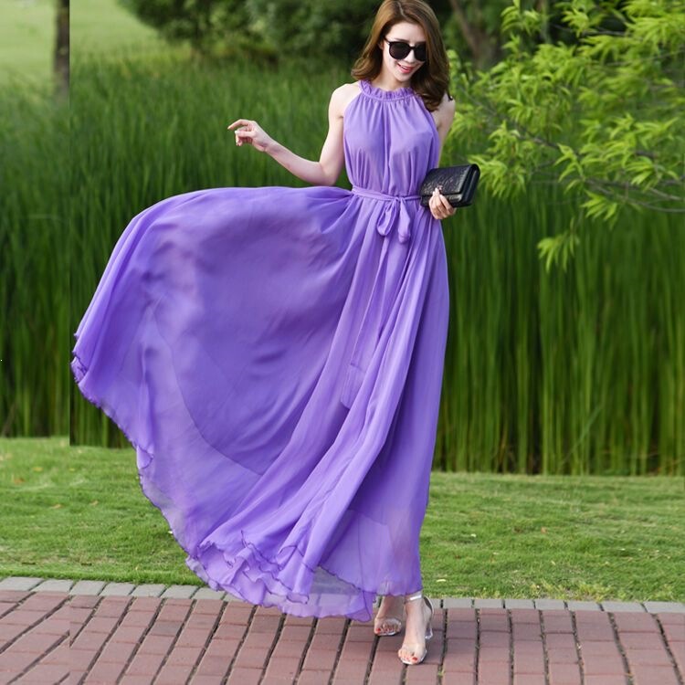 Extra-Long Ankle-Length Dress 2026 New Style Bohemian Solid Color Chiffon Plus-Size Dress Vacation Beach Dress Super Fairy-Like