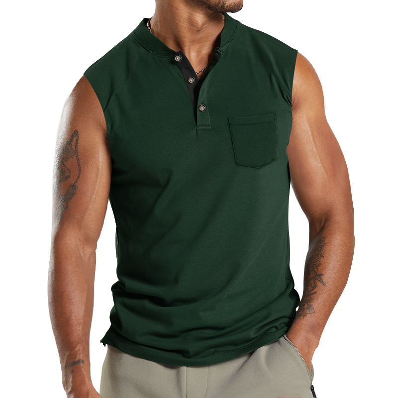 2024 Summer New Kam Shoulder Large Men's Short Sleeve Button Pocket Sleeveless T-shirt_voghion.com