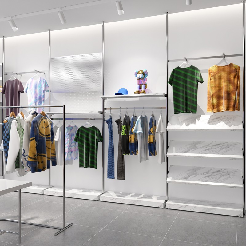 Acero inoxidable Tianzhu tienda de ropa estante de exhibición estante de exhibición tipo piso simple elevación de pared superior armario de prendas de hombre
