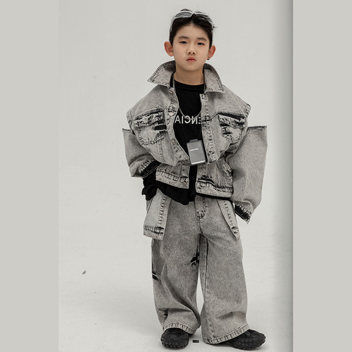 Boys' Jeans with Waist Seal 2024 Spring Children's Casual Pants for Boys Stylish One-Piece Pants