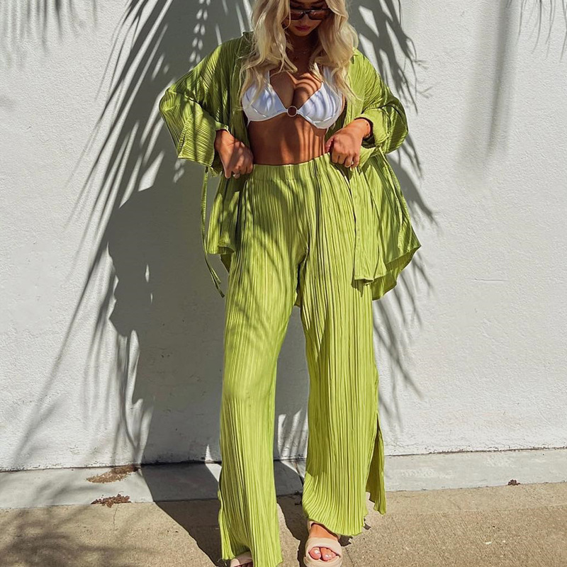 2024 Cross-Border Women's Spring and Summer New Suit Pleated Shirt Long Sleeve Lapel Cardigan Slit Pajamas Two-Piece Set 2024 Cross-Border Women's Spring and Summer New Suit Pleated Shirt Long Sleeve Lapel Cardigan Slit Pajamas Two-Piece Set