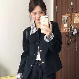 独特漂亮的初秋外套女2026新款春小个子休闲翻领格纹拼接夹克潮