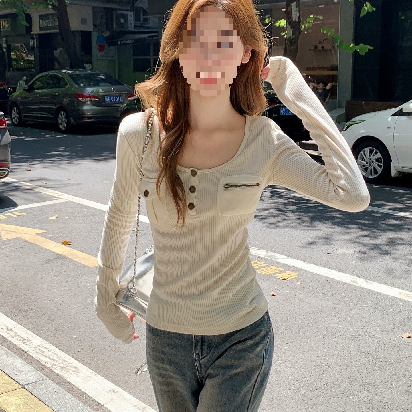 秋冬复古新款口袋拼接辣妹长袖t恤女修身显瘦百搭设计感百搭上衣