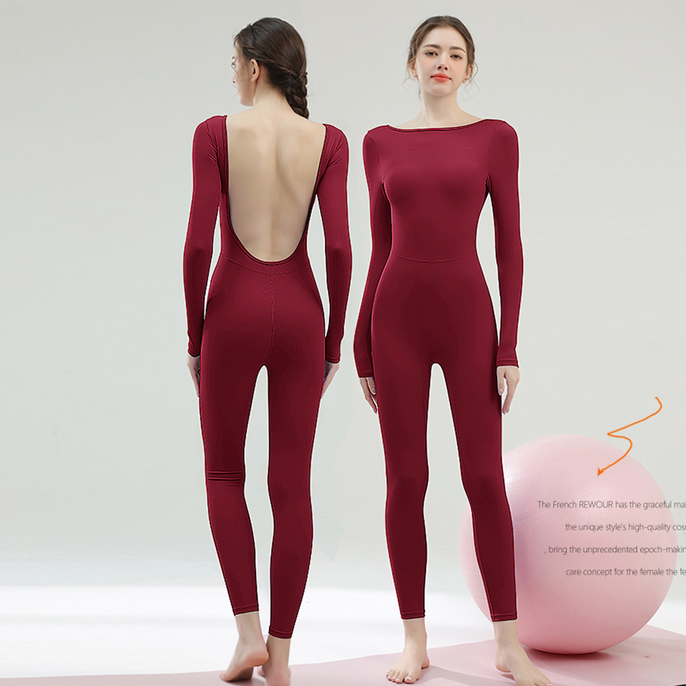 European and American Cross-Border Large U Beautiful Back Long-Sleeved One-Piece Yoga Suit for Women with Chest Pad Tight One-Piece Fitness Sports Jumpsuit