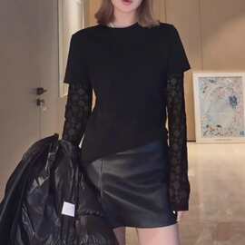 黑色修身打底衫长袖t恤女2026春季大码胖MM时尚洋气假两件上衣