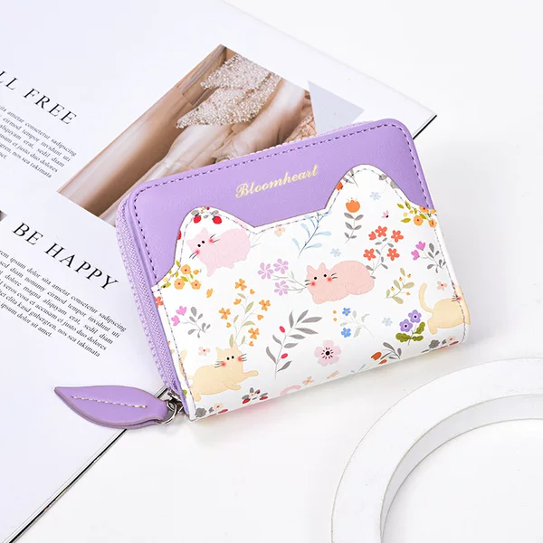 2026 New Model Cat Floral Girls' Wallet with Multiple Card Slots, Large Capacity, Women's Zipper Coin Purse, Student Wallet
