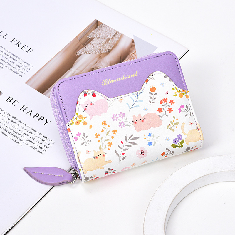 2026 New Model Cat Floral Girls' Wallet with Multiple Card Slots, Large Capacity, Women's Zipper Coin Purse, Student Wallet