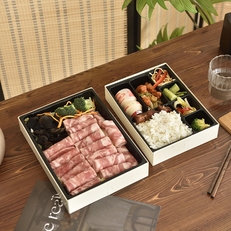 Caja de comida rápida de madera desechable, hotel de negocios de alta calidad, paquete de siete cuadrones, caja de comida para llevar resistente a alta temperatura