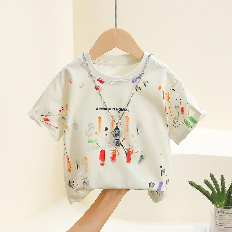 7834 Camiseta de manga corta de verano para niños 2025 nuevo estilo estilo occidental chico guapo vestido de media manga pintado a mano ropa de bebé