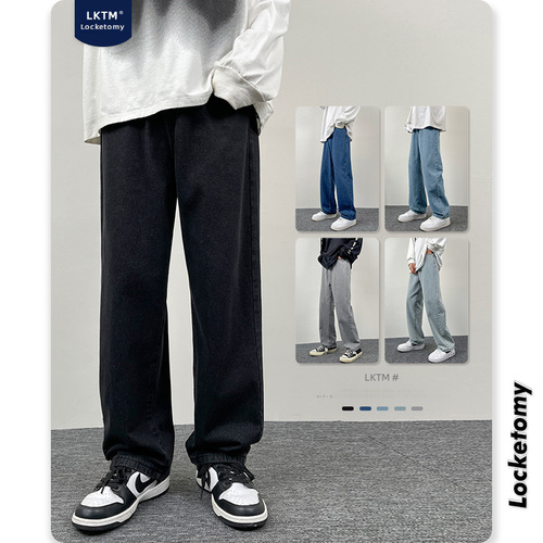 LKTM Men's #American Street Black Denim Jeans Men Loose Straight Leg Wide Leg Pants Trend Brand Nine-Tenths Length Pants