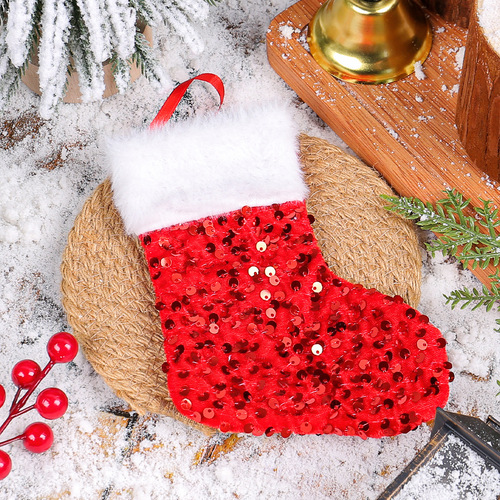 New sparkly plush white edge glitter Christmas sock decoration festival Christmas tree candy bag hanging ornament Christmas gift bag