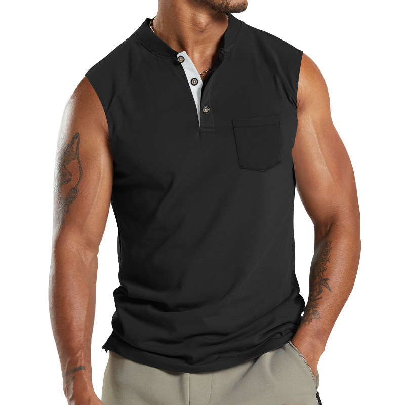 2024 Summer New Kam Shoulder Large Men's Short Sleeve Button Pocket Sleeveless T-shirt_voghion.com
