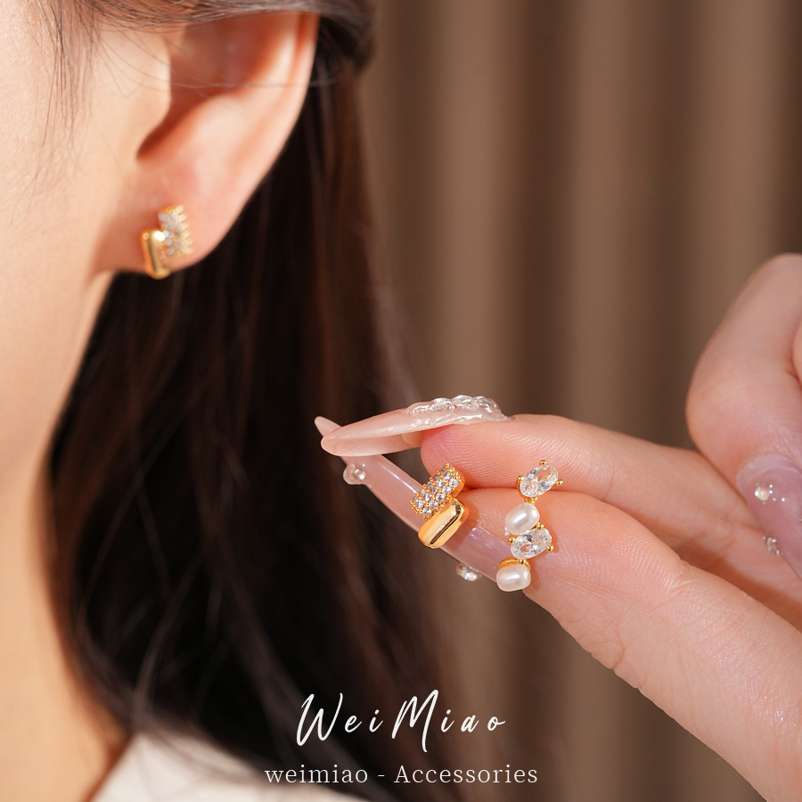 Agujas de plata de diamante oval perla