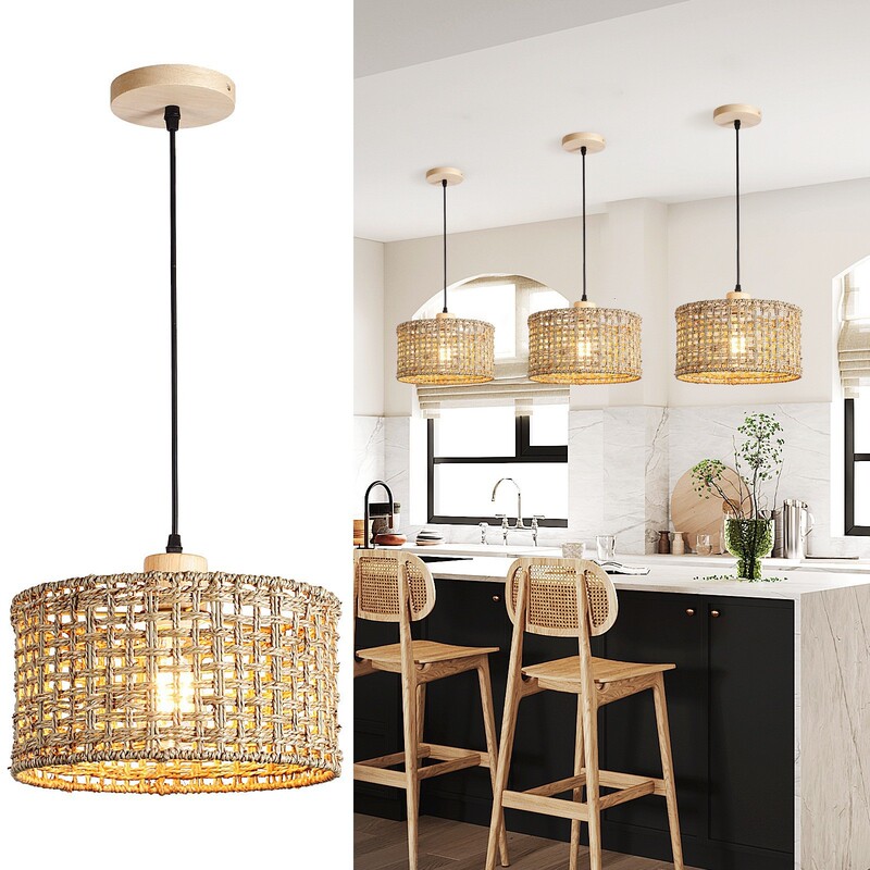 Cross-Border New Modern Farmhouse Black Drum-Shaped Rattan Three-Head Pendant Light for Dining Table, Bar Counter, Hawaiian Ceiling Light Cross-Border New Modern Farmhouse Black Drum-Shaped Rattan Three-Head Pendant Light for Dining Table, Bar Counter, Hawaiian Ceiling Light