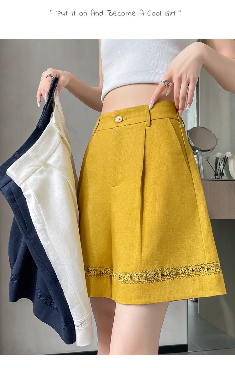 Quần short vải lanh nữ cạp cao ống rộng dáng chữ A — Xanh lông mòng đen chi tiết 43