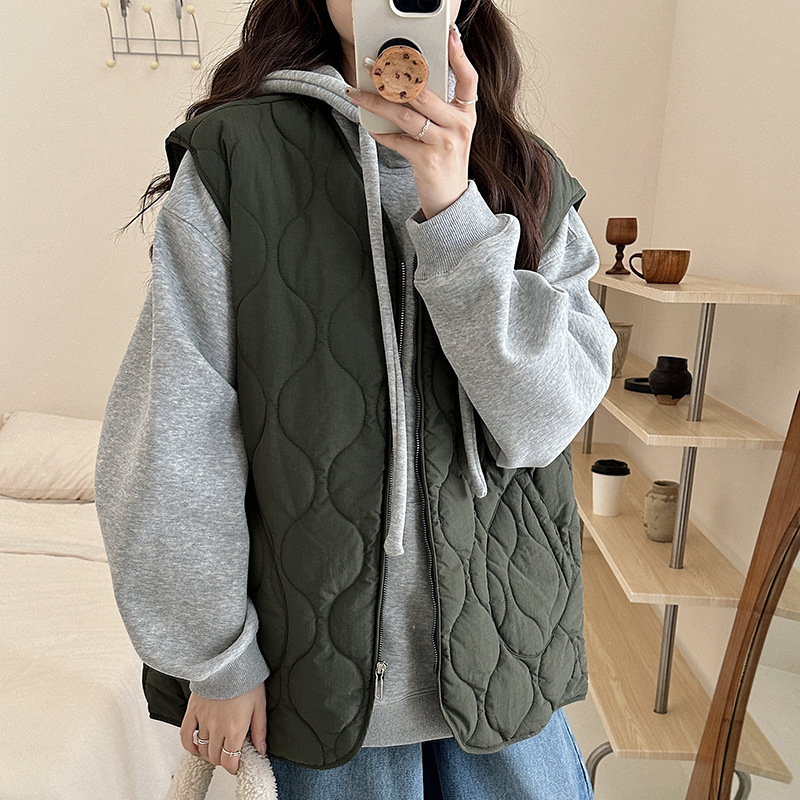 다이아몬드 격자 무늬 빈티지 코튼 패딩 재킷 조끼 여성의 가을과 겨울 새로운 느슨한 민소매 조끼 외부 조끼 탑 코트