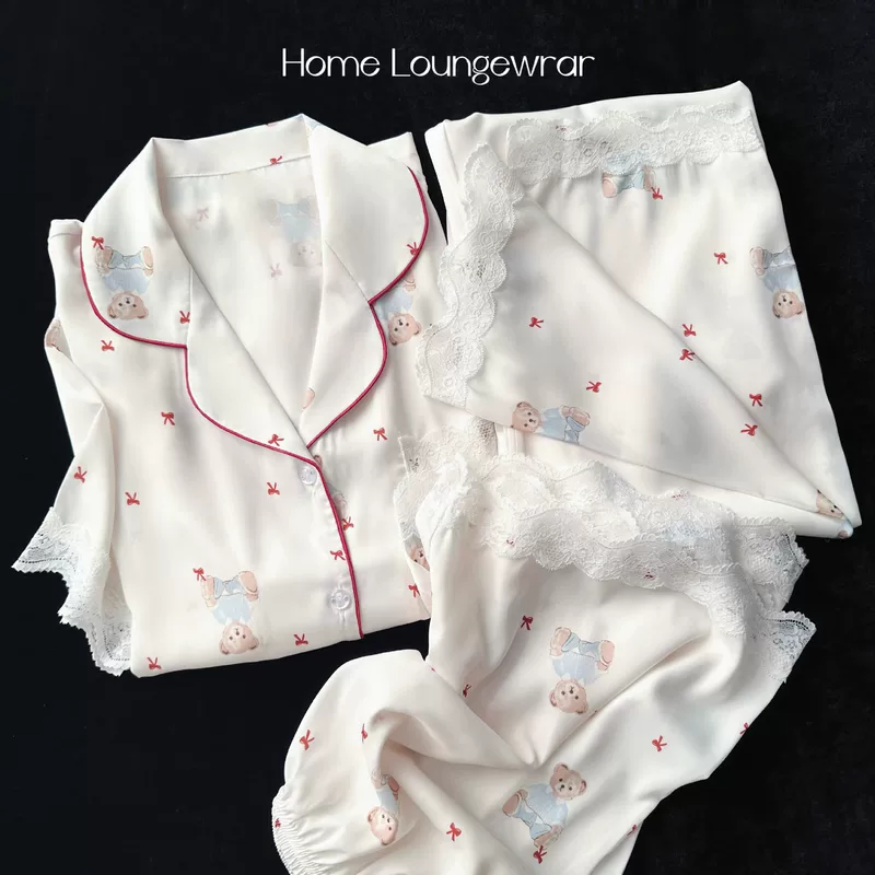 (Кросс-бордерная торговля), Silk summer pijama, брюки, милый брендовый комплект, с коротким руковом, с маленькими медведями, комплект из 3 предметов